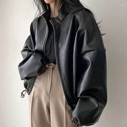 Women's Leather Deeptown Korean Style Short Jacket Women Chic And Elegant Vintage Harajuku Fashion Crop PU Racing Jackets Streetwear