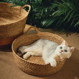 Mats Pet Cat Bed Litter Hand Woven Rattan Cat Scratching Mat Round Cat Bed Summer Cool Basket Nest Pet Sleeping Bed Small Kitten Dog