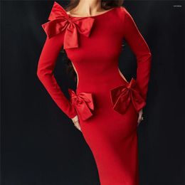 Casual Dresses Red Long Sleeved Backless Bodycon Birthday Party Sexy Spaghetti Strap Dress Elegant With Slit For Women LB021