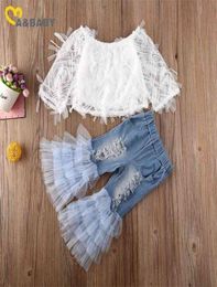 MaBaby 16Y Spring Summer Children Kid Girls Clothes Set Lace Long Sleeve T shirt Ruffles Tulle Jeans Denim Pants Outfits 2108044921780