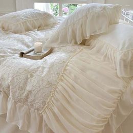 Bedding Sets High End Chiffon Lace Embroidery Set Luxury Beige Egyptian Cotton Princess Pleats Duvet Cover Bed Sheet Pillowcases