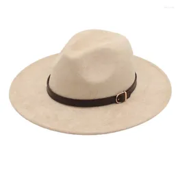 Berets Faux Suede Fedora Hats With Belt Buckle Panama Spring Summer Felt Cap Gentleman Top Wide Brim Sun Women Elegant