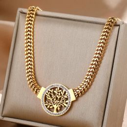 Thick Chain With Micro Inlaid Zircon Life Tree Pendant Hip-hop Womens 14k Gold Necklace