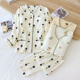 Women's Sleepwear 2024 Spring And Autumn Pyjama Set Cotton Crepe Flower Long Sleeve Pants With Chest Pad Home Suit Two Piece