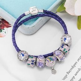 Purple Luxury Style Bracelets Double Loop Leather Rope Bracelet Female Enamel Daisy Beaded Pendant Bracelet Boutique Diy Jewellery Wholesale