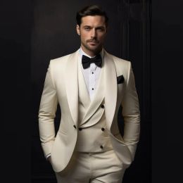 Suits Champagne Suits for Men Blazer Wedding Full Set Single Breasted Shawl Lapel Flat Skinny 3 Piece Jacket Pants Vest Slim Clothing