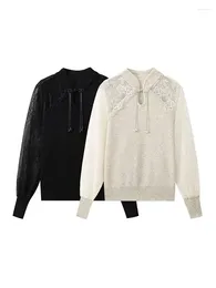 Women's Sweaters ZADATA 2024 Elegant Long Sleeve Fashionable Round Neck Casual Versatile Lace Decorated Pullover