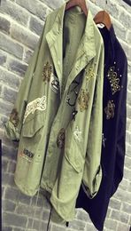 Whole 2016 Women Jacket Coat Fashion Design bomber jacket Embroidery Applique Rivets Oversize Women Coat Army Green Cotton Co6443825