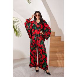 Bohemia Loose Wide Leg Pants Suit Satin Printed Suit Bat-sleeve Trousers Loose Plus Size 2024 European And American New Fashion FZ229135