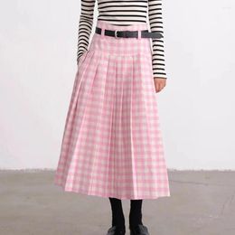 Skirts 2024 Casual Y2k Autumn Pink Plaid Print Long Skirt Women Korean Fashion Vintage High Waist A-line Loose Pleated For Girls