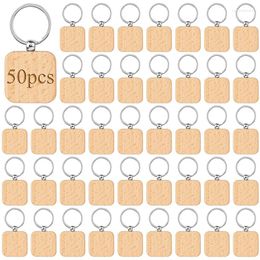 Keychains 50Pcs DIY Blank Wooden Keychain Square Key Ring
