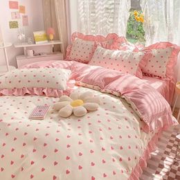 Bedding Sets Ins Pink Princess Lace Love Heart Duvet Cover Pillowcase And Bed Skirt Sheet For Girls Linen 4pcs Home Textiles