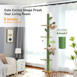 Scratchers H239275CM Cactus Cat Tree Floor to Ceiling 5Level Cat Tower Adjustable Climbing Tree with Scratching Post Hammock Dangling Ball