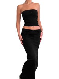 Two Piece Skirt Set Women Sexy Maxi Y2K Crop Tube Top and Bodycon Low Rise Long Outfits Going Out 240219
