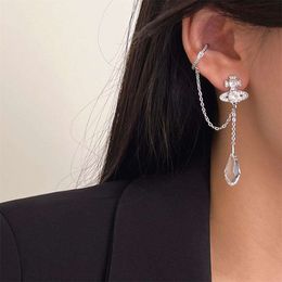 viviennes westwoods Dongju Saturn full diamonds water droplets ear bone clip integrated long earrings zircon crystal glitter earrings female