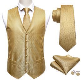 Luxury Vest for Men Silk Solid Gold Waistcoat Tie Pocket Square Set Slim Fit Formal Male Suit Wedding Business Barry Wang 240228