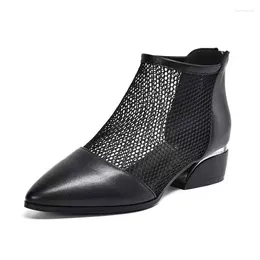 Sandals Mid Heel Women's Spring Pointed Mesh Hollow Cool Boots Women Thick Back Zipper Breathable Fashion Sexy Heels