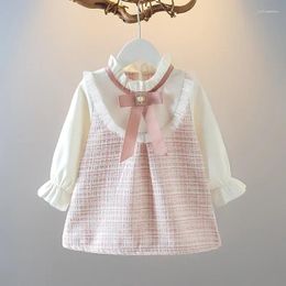 Girl Dresses Small Baby Girls Sweet Cute Style Clothing Long Sleeve Ruffle Cuffs Neckline Bowknot Decorated Front Fake Two-piece Dress