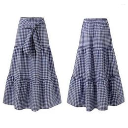 Skirts Pleated Midi Skirt Elegant Plaid Print Maxi With High Elastic Waist Lace-up Detail A-line Big Swing Patchwork For Women