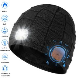 Headphones 3in1 Unisex Wireless Bluetooth Music Hat Outdoor Sports Warm Bluetooth Headphones with LED Light Washable Rechargeable with Mic