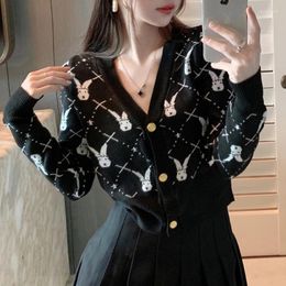 Women's Knits Women Knitted Cardigan Pattern Jacquard Sweater Long Sleeve V-neck Slim Fitting Tops 2024 Fall Winter Vintage Korean Coat