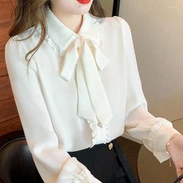 Women's Blouses Bowtie Shirt Women Long Sleeve Blouse 2024 Spring Wear Design Sense Small Solid Lace Up Chiffon Female Top