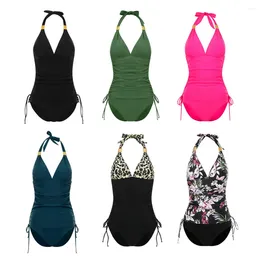 Women's Swimwear Women 2 Pieces Halter Tankini Bathing Suits Tummy Control V Neck Drawstring Tops With Bikini Bottom Female