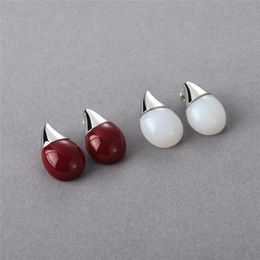 European and American High-end Metal Water Droplets White Agate Red Agate Splicing Silver S925 Silver Needle Earrings Minimalist Earrings for Women