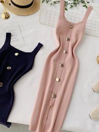 2024 Summer Pink/Red/White/Black Womens Knitted Dress Vintage High Waist Button Single breasted Ultra Thin Casual Dress 240229