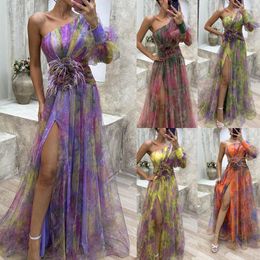 Casual Dresses Elegant Tie-dye Print Dress Women Fashion Oblique Shoulder Pleated Long Summer Autumn Lady Party Evening Vestidos