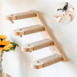 Scratchers Wooden Wall Mounted Cat Tree Cat Shelve Multi Layer Wood Cat Stairs Climbing Frame Structure Sisal Rope Scratching Cat Furniture