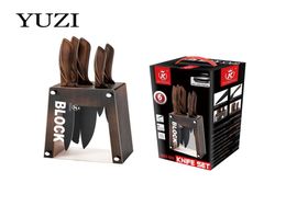 YUZI Kitchen Knives 6Pcs Set Stainless Steel Chef Knife Breading Knife Slicing Paring Tool Meat Cleaver Tools with Block4153359