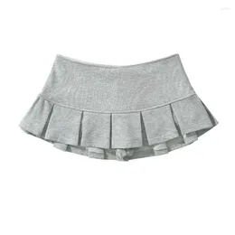 Skirts Women's Terry Fabric Low Waist Y2K Mini Skirt Wide Pleat Decoration Light Grey Flounce A Line Skort Sweet