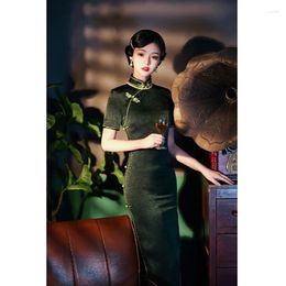Ethnic Clothing 3 Colors Vintage Satin Standing Collar Cheongsam Long Women 2024 Autumn Elegant Green Dress Chinese Traditional Qipao Plus