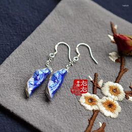 Dangle Earrings Original Handmade Chinese Style Rolled Up Lotus Leaf Cloisonne Baked Porcelain Burnt Blue Long With Gift