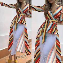 Ethnic Clothing QIWN European And American Rainbow Stripe Printed Dress Deep V Slim Fit Front Short Back Long Coat For Women