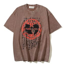 Chinese Letters Printed Vintage Men's T-shirt Short Sleeve Summer Washed Cotton Coffee Tshirts Man