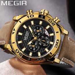 Watches Megir Chronograph Mens Watches Top Brand Leather Strap Quartz Men Male Watch Military Army Sport Date Clock Gift Box 2094