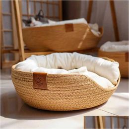 Cat Beds Furniture Yokee Pet Mat Dog Bed Sofa Handmade Bamboo Weaving Four Season Cosy Nest Baskets Waterproof Removable Drop Deli Dhegh