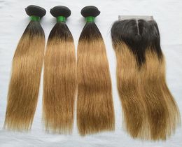 T 1B 27 Ombre Coloured Hair Bundles with Closure Brazilian Straight Human Hair Ombre Blonde 3 Bundles with 4x4 Middle Part Lace Clo5366147