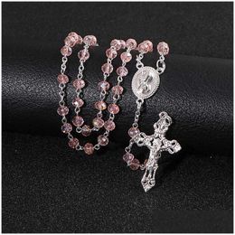 Pendant Necklaces Komi Pink Rosary Beads Cross Pendant Long Necklace For Women Men Catholic Christ Relius Jesus Jewellery Gift R-233310K Dhfou