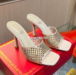 Rene caovilla Crystal Slippers rhinestones open-toe mules slides sandals heels slip onStiletto heel shoes womens luxury designer leather outsole 9.5cm
