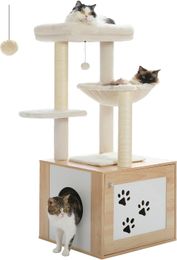 PAWZ Road 46" Large Cat Tree with Litter Box Enclosure,Cat Tower with Super Large Hammock, Cat Condo with Cat Scratching Posts, Big T