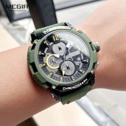 Watches Megir Chronograph Quartz Watch for Men Olive Green Silicone Strap Wristwatch with Auto Date 3atm Waterproof Luminous Hands 2208