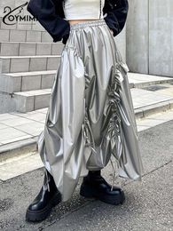 Skirts Oymimi Fashion Grey Loose Women's Skirt Elegant Pu Leather High Waisted Streetwear Casual Ruffled Ankle-Length