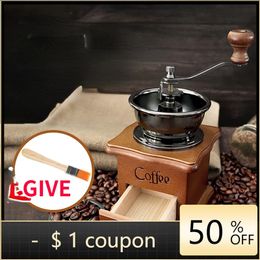 Retro Manual Coffee Grinder Stainless Steel Mill With Cleaning Brush Wood Design Machine 240223