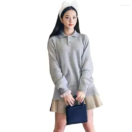 Work Dresses Kpop Girl Group Jisoo Autumn/Winter Grey Lapel Long Sleeved Knit Sweater Sexy High Waist Mini Pleated Skirt Women Two Piece Set