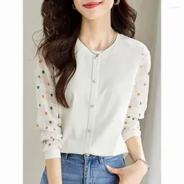 Women's Blouses Spring Top Women Colorful Polka Dot Long Sleeve Shirt 2024 French O Neck Texture Knitted Panel Chiffon Blouse Female