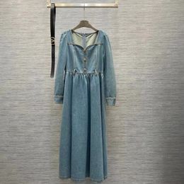 Milan Runway Dress 2024 Blue Square Neck Long Hleeves Slim Buttons Crystal Long Dresses Holiday Vestidos de Festa 22914