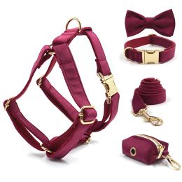 Sets Burgundy Velvet Dog Collar Personalised Thicken Metal Pet Harness Bow Tie Collar Leash Set with Poop Bag Luxury Dog Gift